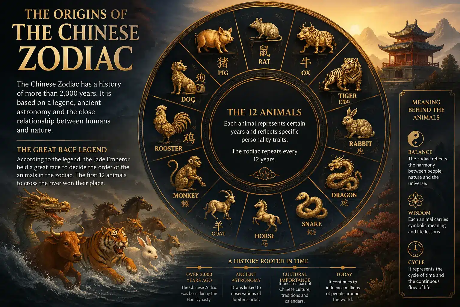 Chinese Zodiac Origins: History, Mythology and the Great Race Chinese zodiac origins history and mythology artwork showing the twelve animals with celestial wheel and golden Jade Emperor symbolism