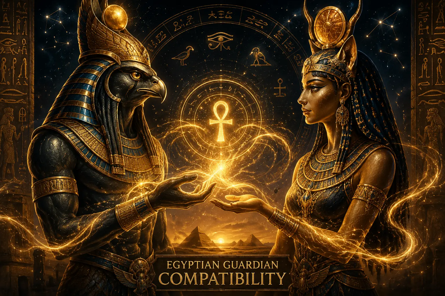 Egyptian Guardian compatibility comparison showing two ancient guardians connected by symbolic golden energy and sacred relationship resonance