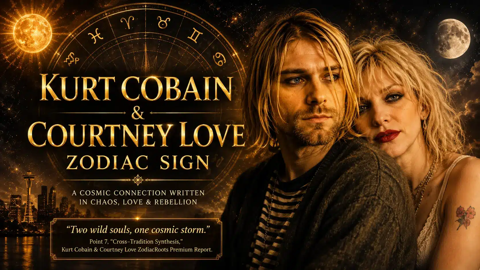 Kurt Cobain Courtney Love synastry report with ZodiacRoots 8 Roots compatibility wheel and The Twin Evolution Path archetype