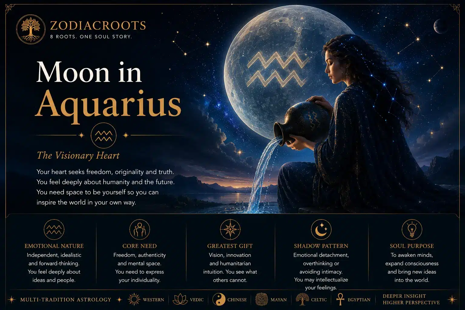 Moon in Aquarius across eight traditions — an electric Aquarius water-bearer glyph within a luminous moon over a starlit sky, surrounded by Egyptian, Vedic, Chinese, Celtic and Mayan astrology symbols in the ZodiacRoots 8 Roots method