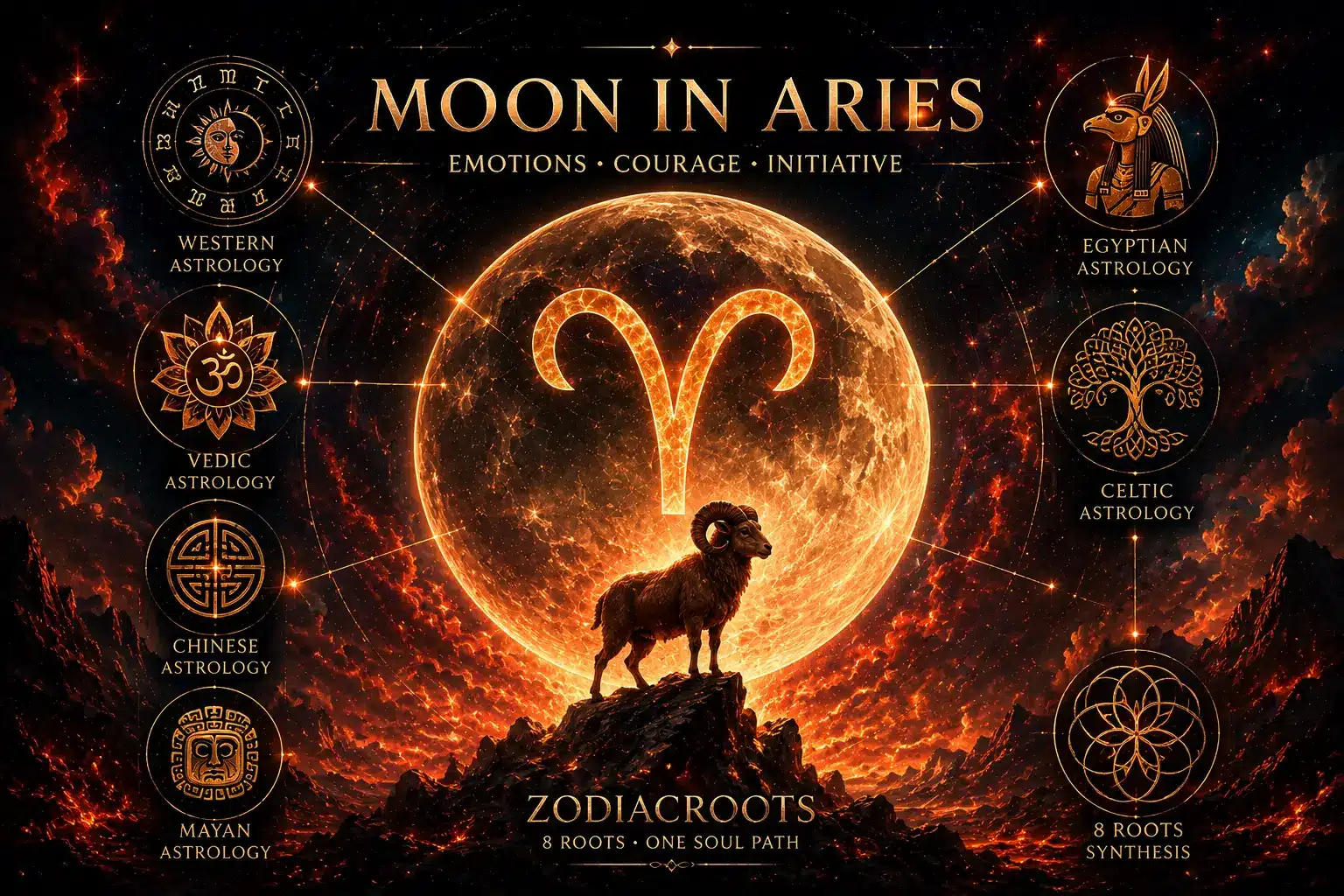 Moon in Aries across eight traditions — a fiery crescent moon with the Aries glyph over a mystical landscape, surrounded by Egyptian, Vedic, Chinese, Celtic and Mayan astrology symbols in the ZodiacRoots 8 Roots method