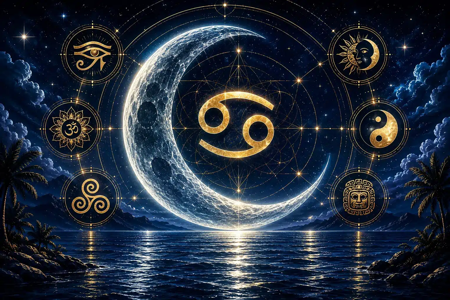 Moon in Cancer across eight traditions — a luminous silver moon with the Cancer glyph reflected over calm water, surrounded by Egyptian, Vedic, Chinese, Celtic and Mayan astrology symbols in the ZodiacRoots 8 Roots method