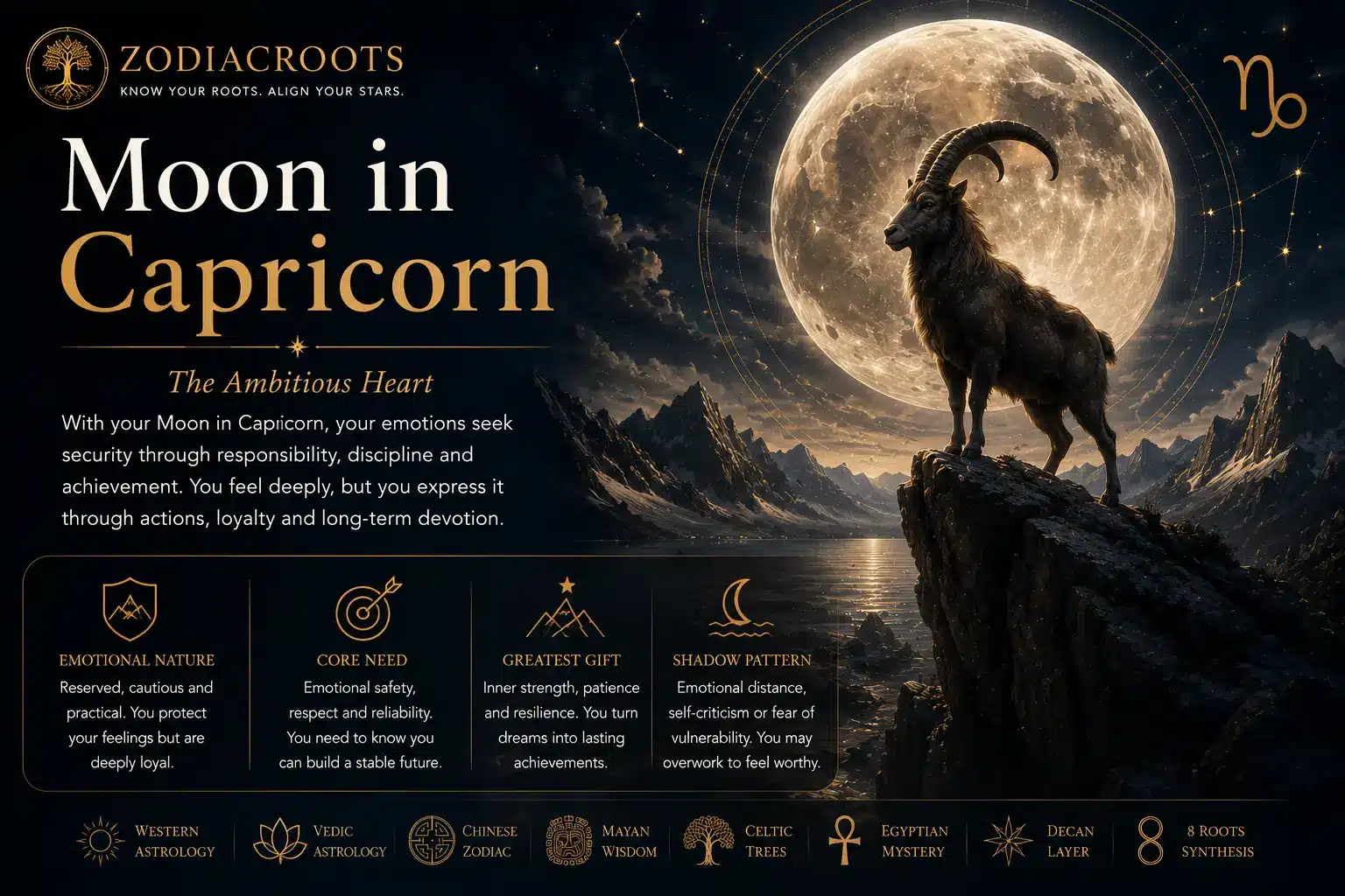 Moon in Capricorn across eight traditions — a silver Capricorn glyph within a luminous moon over a mountain landscape, surrounded by Egyptian, Vedic, Chinese, Celtic and Mayan astrology symbols in the ZodiacRoots 8 Roots method