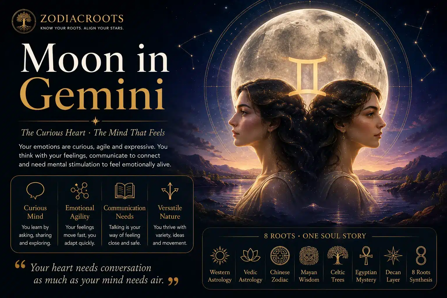 Moon in Gemini across eight traditions — a luminous Gemini glyph within a golden moon over a mystical sky, surrounded by Egyptian, Vedic, Chinese, Celtic and Mayan astrology symbols in the ZodiacRoots 8 Roots method