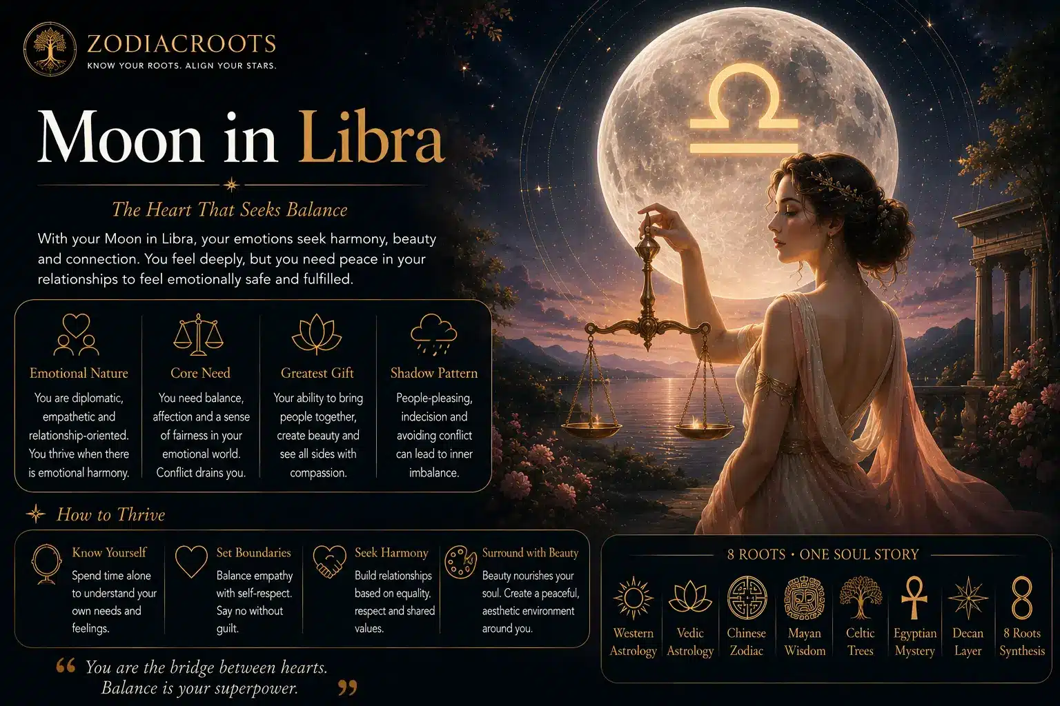 Moon in Libra across eight traditions — a golden Libra scales glyph within a luminous moon over a serene landscape, surrounded by Egyptian, Vedic, Chinese, Celtic and Mayan astrology symbols in the ZodiacRoots 8 Roots method