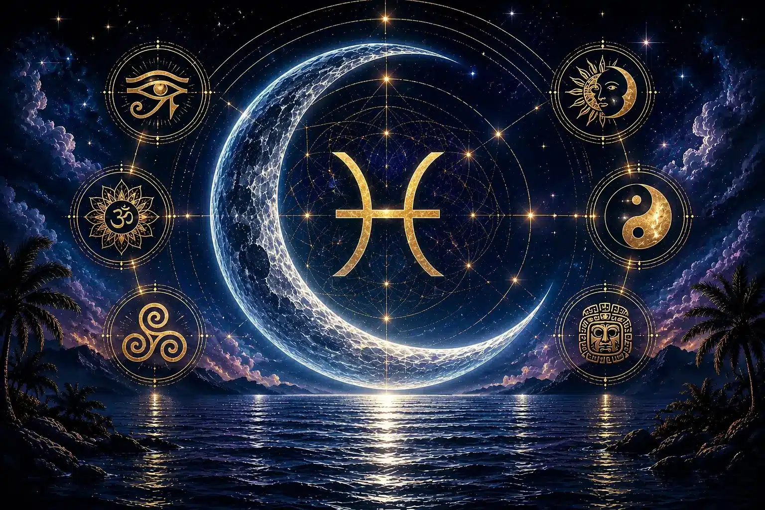 Moon in Pisces across eight traditions — a luminous crescent moon with the Pisces glyph over a mystical ocean, surrounded by Egyptian, Vedic, Chinese, Celtic and Mayan astrology symbols in the ZodiacRoots 8 Roots method