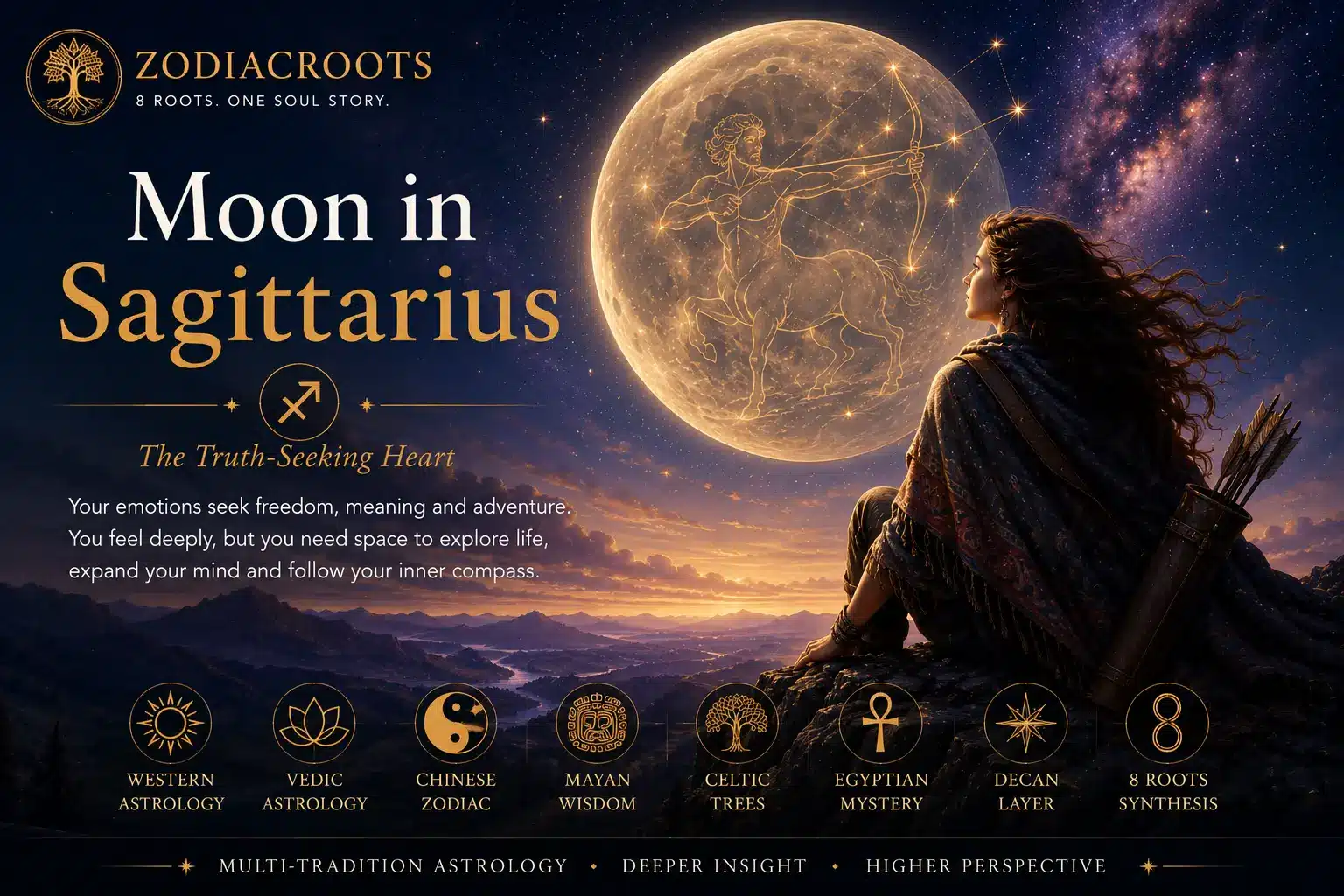 Moon in Sagittarius across eight traditions — a golden archer glyph within a luminous moon over an open landscape at dusk, surrounded by Egyptian, Vedic, Chinese, Celtic and Mayan astrology symbols in the ZodiacRoots 8 Roots method