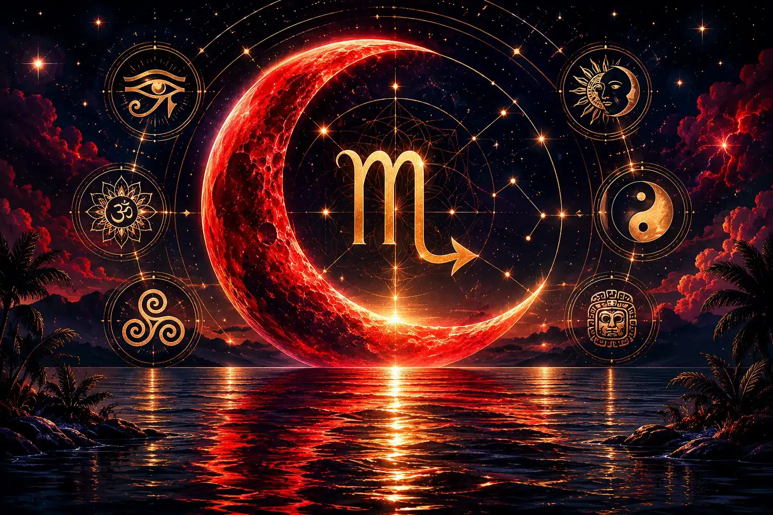 Moon in Scorpio across eight traditions — a red crescent moon with the Scorpio glyph reflected over dark water, surrounded by Egyptian, Vedic, Chinese, Celtic and Mayan astrology symbols in the ZodiacRoots 8 Roots method
