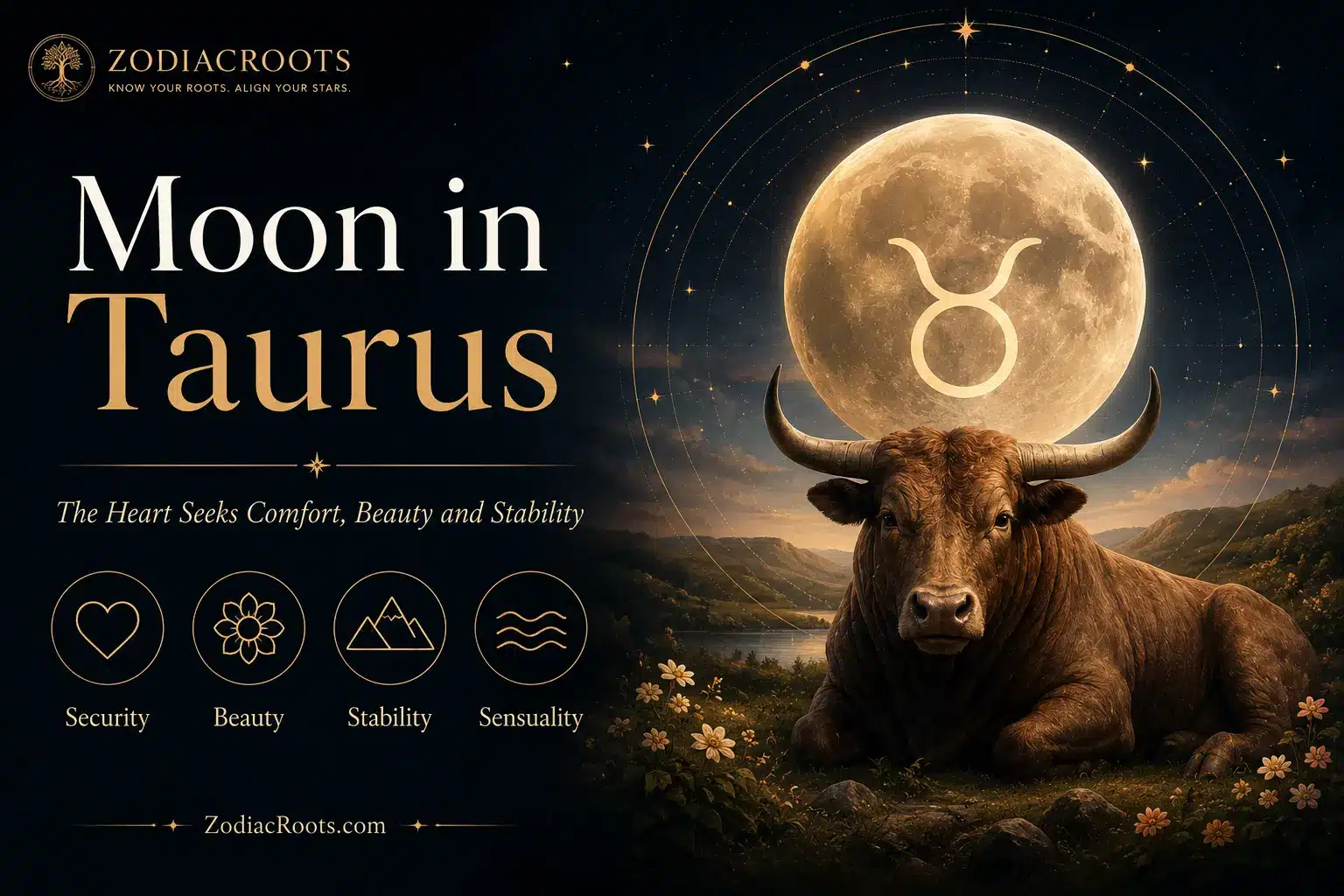 Moon in Taurus across eight traditions — a golden Taurus glyph within a luminous moon over a peaceful earth landscape, surrounded by Egyptian, Vedic, Chinese, Celtic and Mayan astrology symbols in the ZodiacRoots 8 Roots method