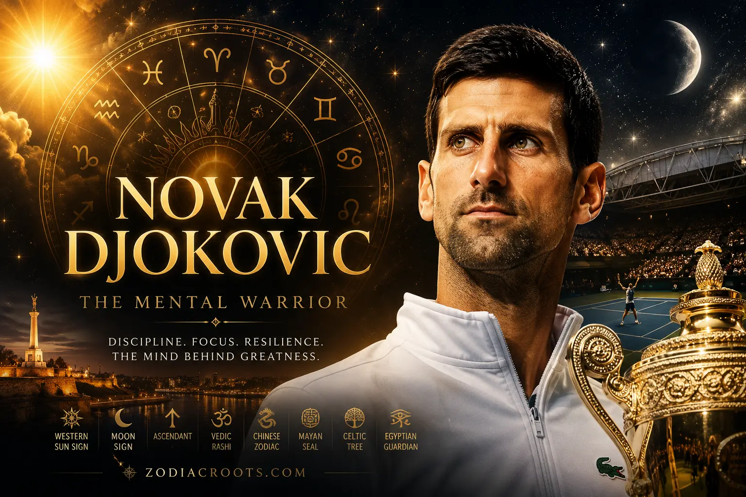 Novak Djokovic zodiac sign astrology portrait with golden zodiac wheel, tennis championship symbolism and ZodiacRoots 8 Roots profile