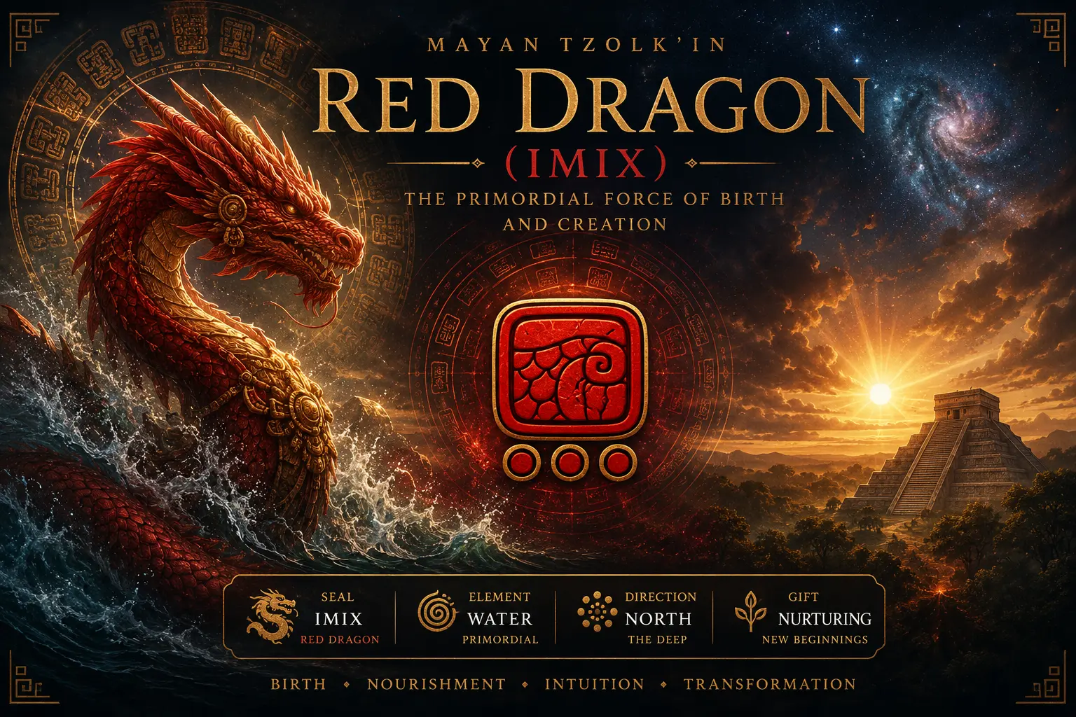 Red Dragon Imix sacred seal in the Mayan Tzolkin with golden dragon, primordial waters and cinematic cosmic background