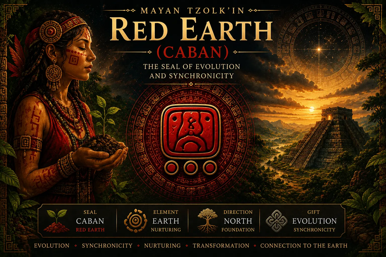 Red Earth Caban sacred seal in the Mayan Tzolkin with glowing Earth pathways, synchronicity symbols and cosmic landscape