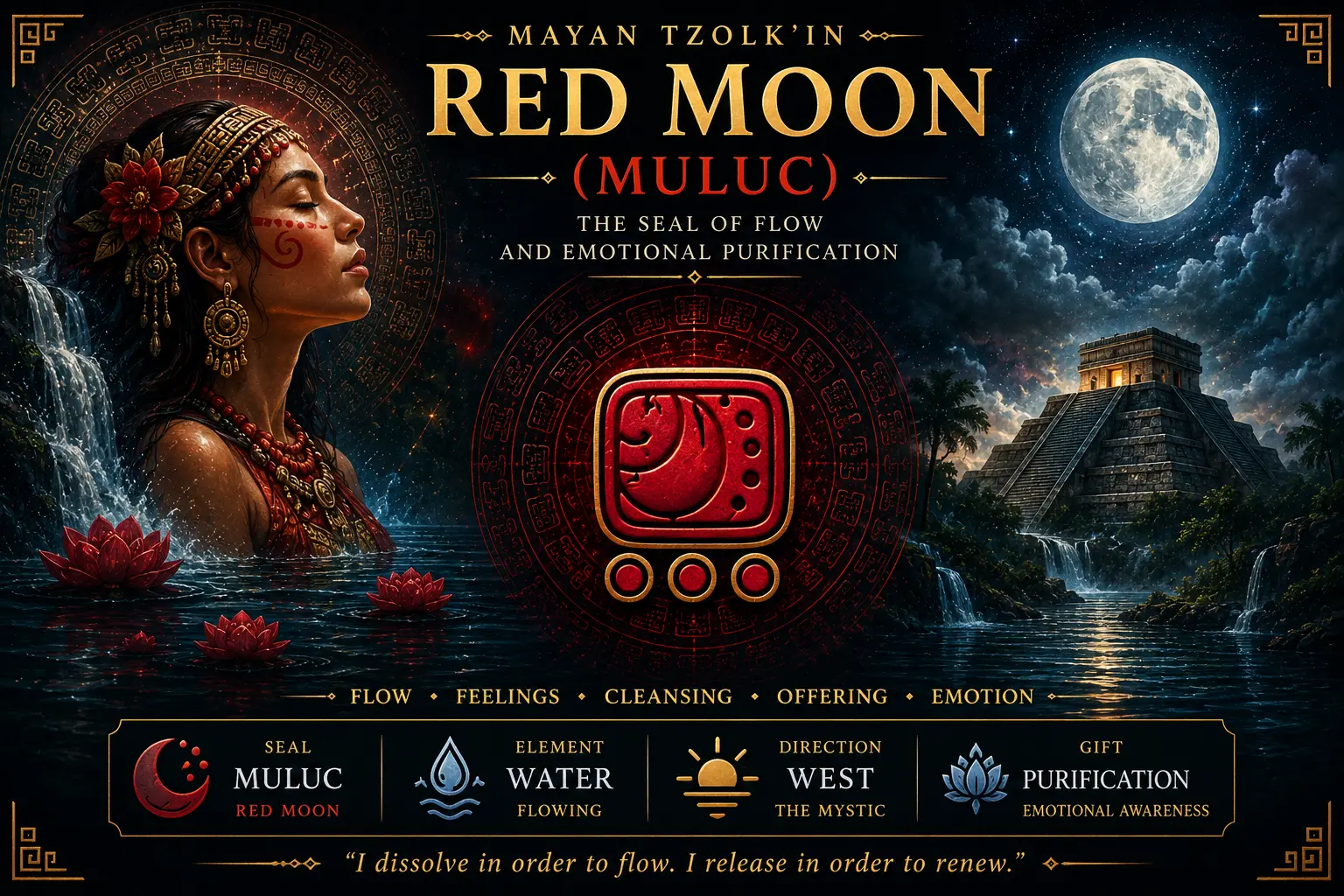 Red Moon Muluc sacred seal in the Mayan Tzolkin with golden moon, cosmic waters and cinematic celestial background