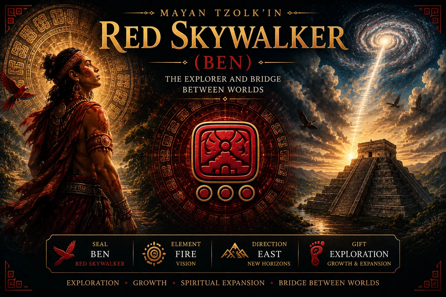 Red Skywalker Ben sacred seal in the Mayan Tzolkin with golden sky pillars bridging heaven and earth and cinematic cosmic background