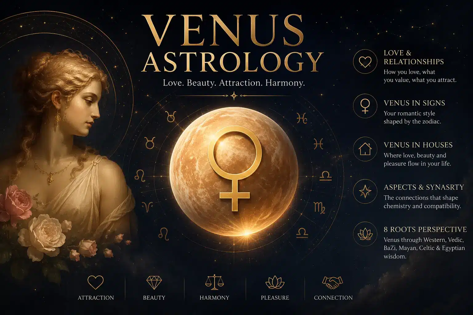 Venus astrology premium artwork showing Venus as a celestial force across multiple traditions with golden zodiac wheel