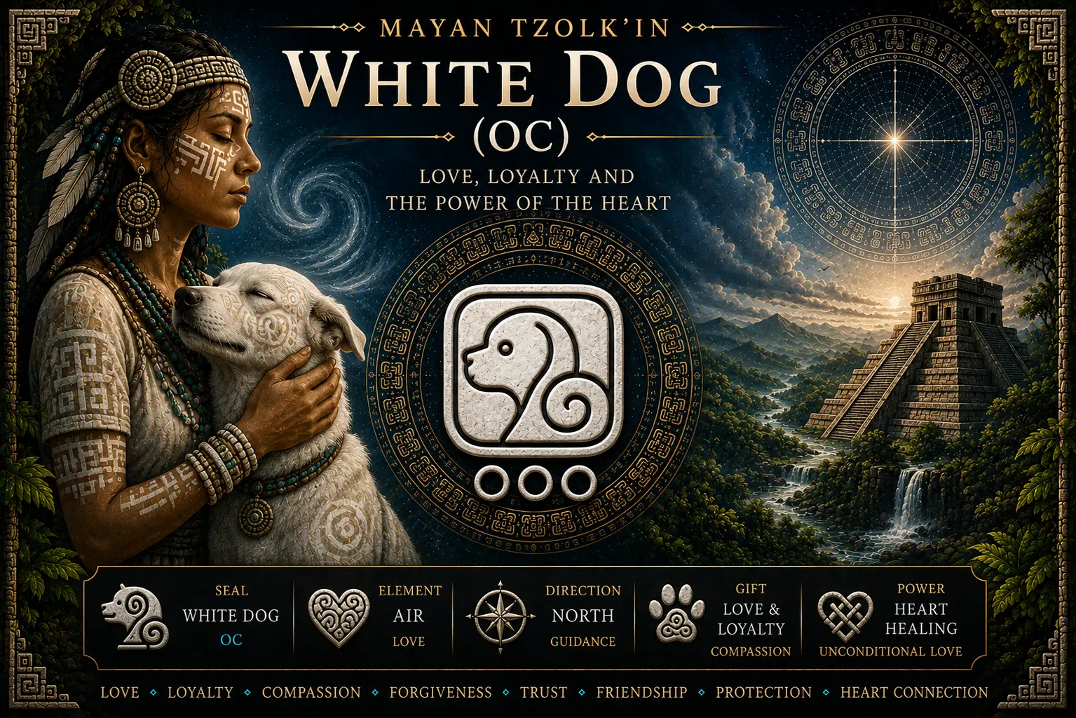 White Dog Oc sacred seal in the Mayan Tzolkin with a glowing heart, loyal companion symbolism and warm cosmic sky