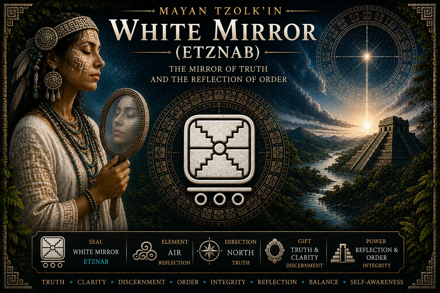 White Mirror Etznab sacred seal in the Mayan Tzolkin with obsidian mirror symbolism, truth, clarity and spiritual reflection