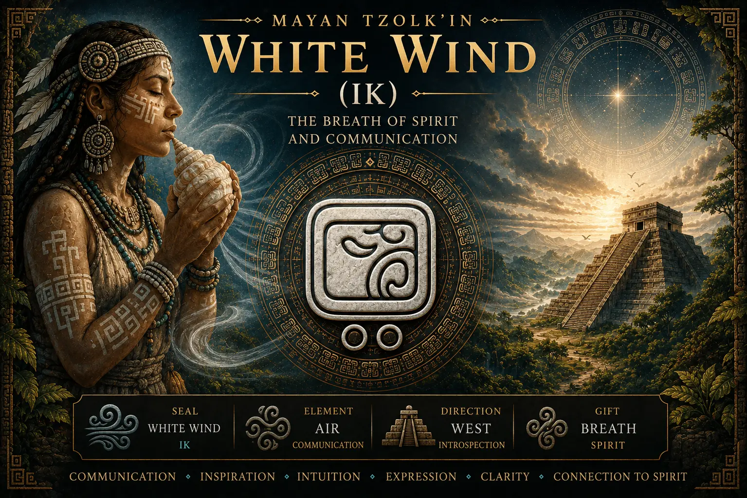 White Wind Ik sacred seal in the Mayan Tzolkin with flowing breath currents, spirit glyphs and luminous cosmic sky