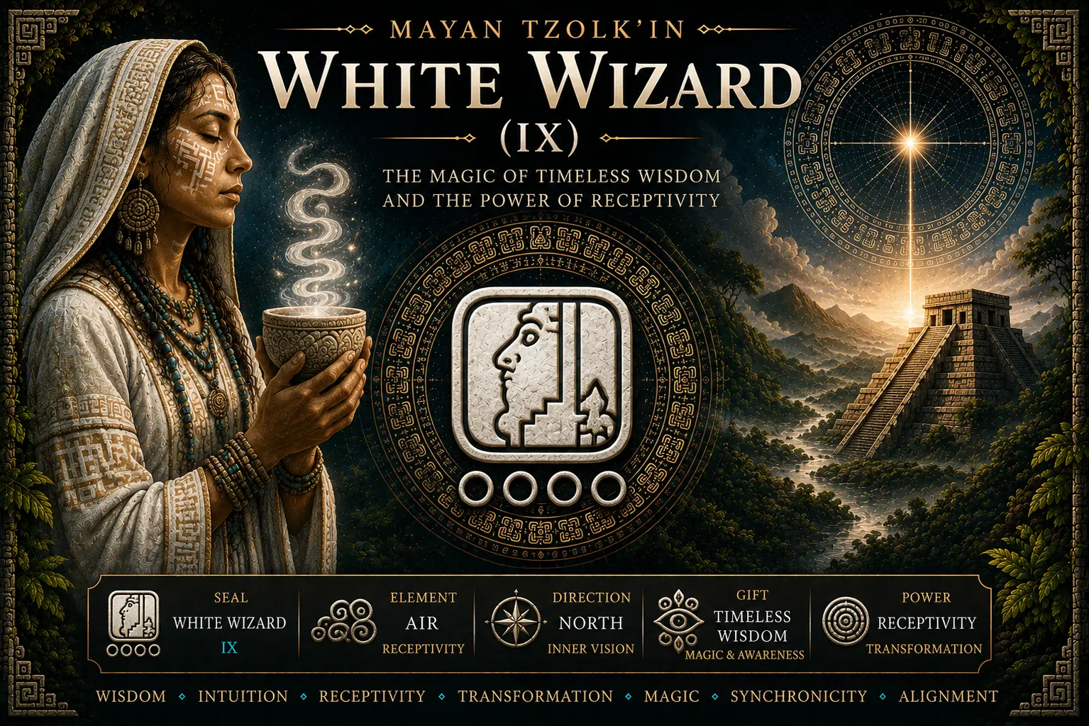 White Wizard Ix sacred seal in the Mayan Tzolkin with timeless wisdom, receptivity, ceremonial magic and luminous spiritual awareness