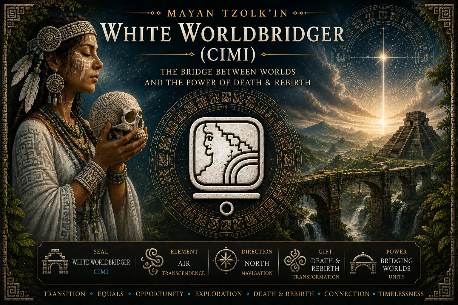 White Worldbridger Cimi sacred seal in the Mayan Tzolkin with a luminous bridge between worlds, surrender glyphs and cosmic threshold sky