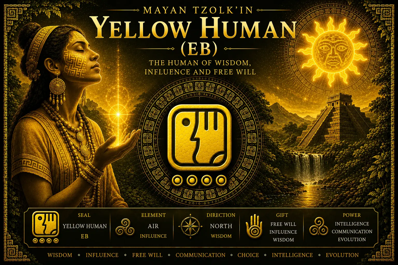 Yellow Human Eb sacred seal in the Mayan Tzolkin with free will, wisdom, conscious choice, influence and golden human path symbolism