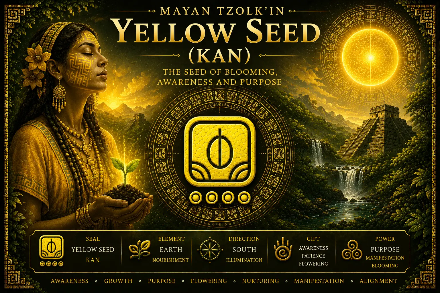 Yellow Seed Kan sacred seal in the Mayan Tzolkin with flowering potential, awareness, growth and luminous golden seed symbolism
