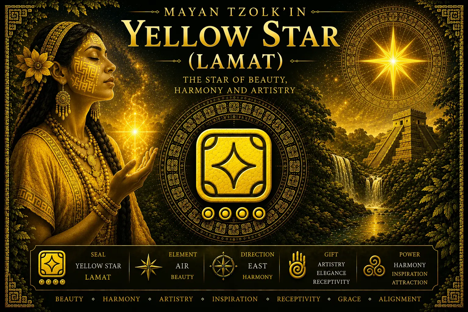 Yellow Star Lamat sacred seal in the Mayan Tzolkin with beauty, harmony, elegance, artistic radiance and golden star symbolism