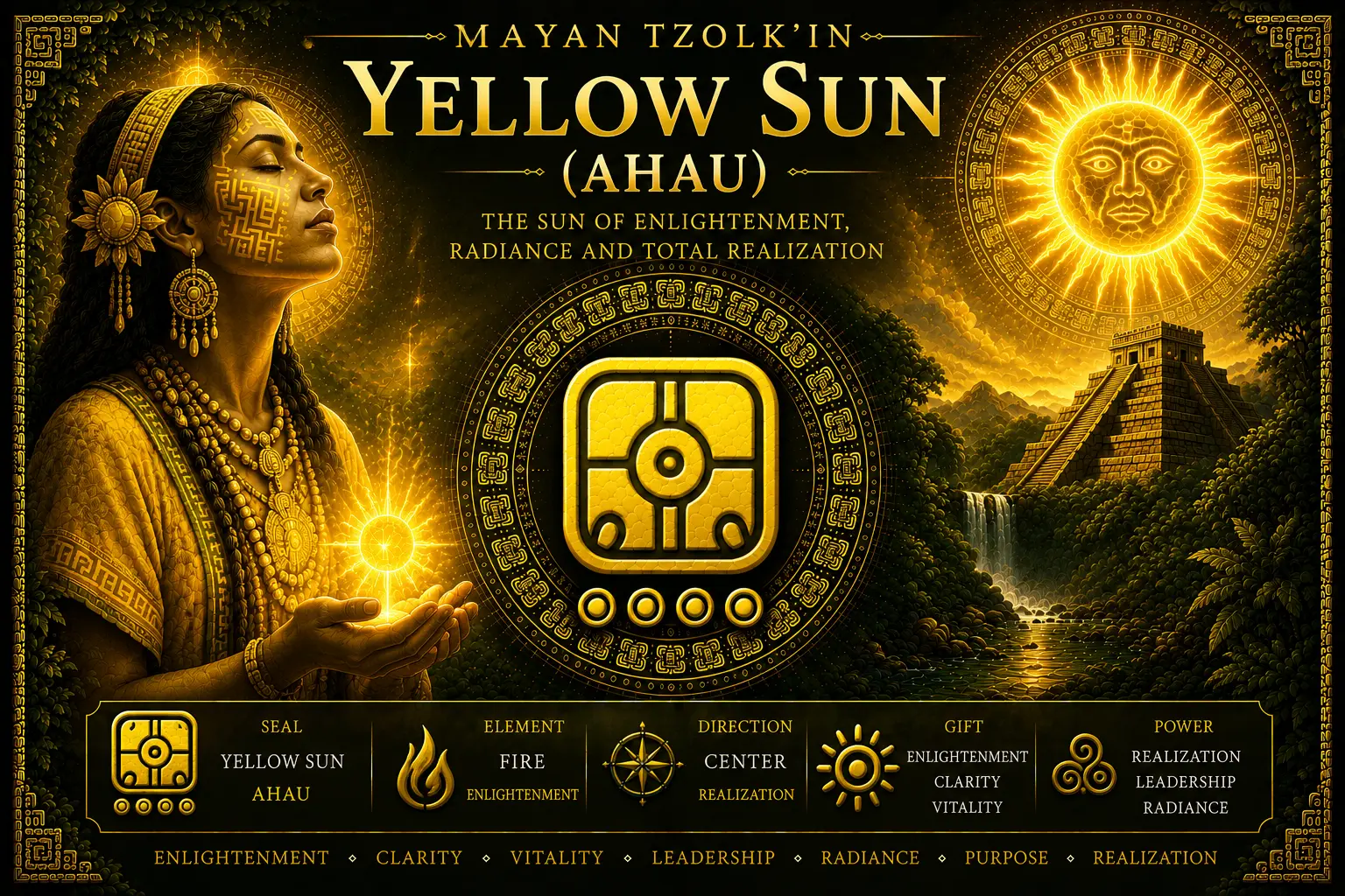 Yellow Sun Ahau sacred seal in the Mayan Tzolkin with enlightenment, universal fire, radiant consciousness, wholeness and golden solar light