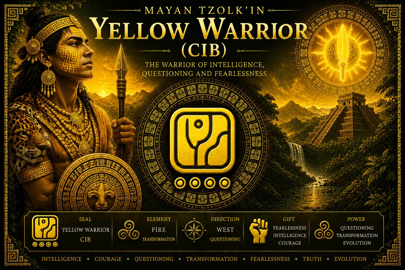 Yellow Warrior Cib sacred seal in the Mayan Tzolkin with fearless intelligence, questioning, courage, strategy and golden warrior symbolism