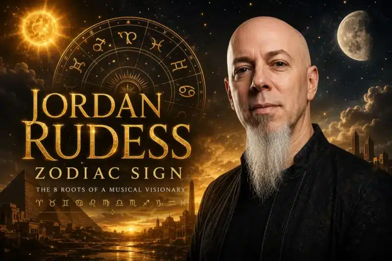 Jordan Rudess zodiac sign Scorpio premium astrology portrait with bald Jordan Rudess, golden zodiac wheel, keyboards and cosmic background