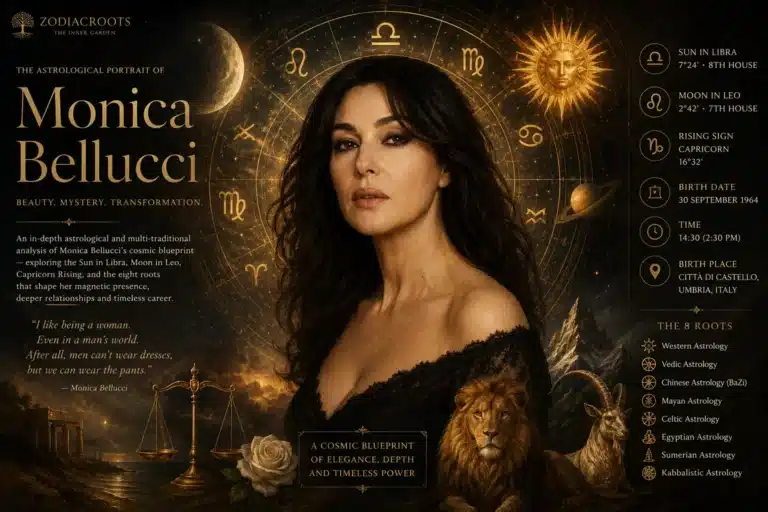 Monica Bellucci zodiac sign premium astrology portrait with Libra wheel, golden celestial light and mysterious Italian architecture