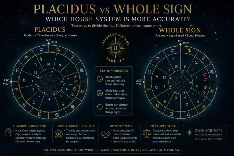 Placidus vs Whole Sign astrology house systems shown as two birth chart wheels