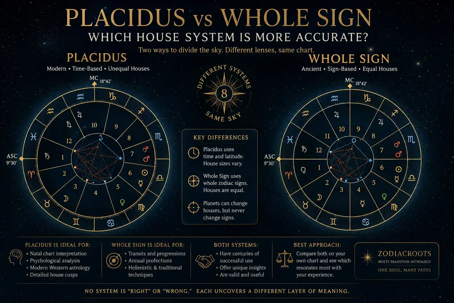 Placidus vs Whole Sign astrology house systems shown as two birth chart wheels